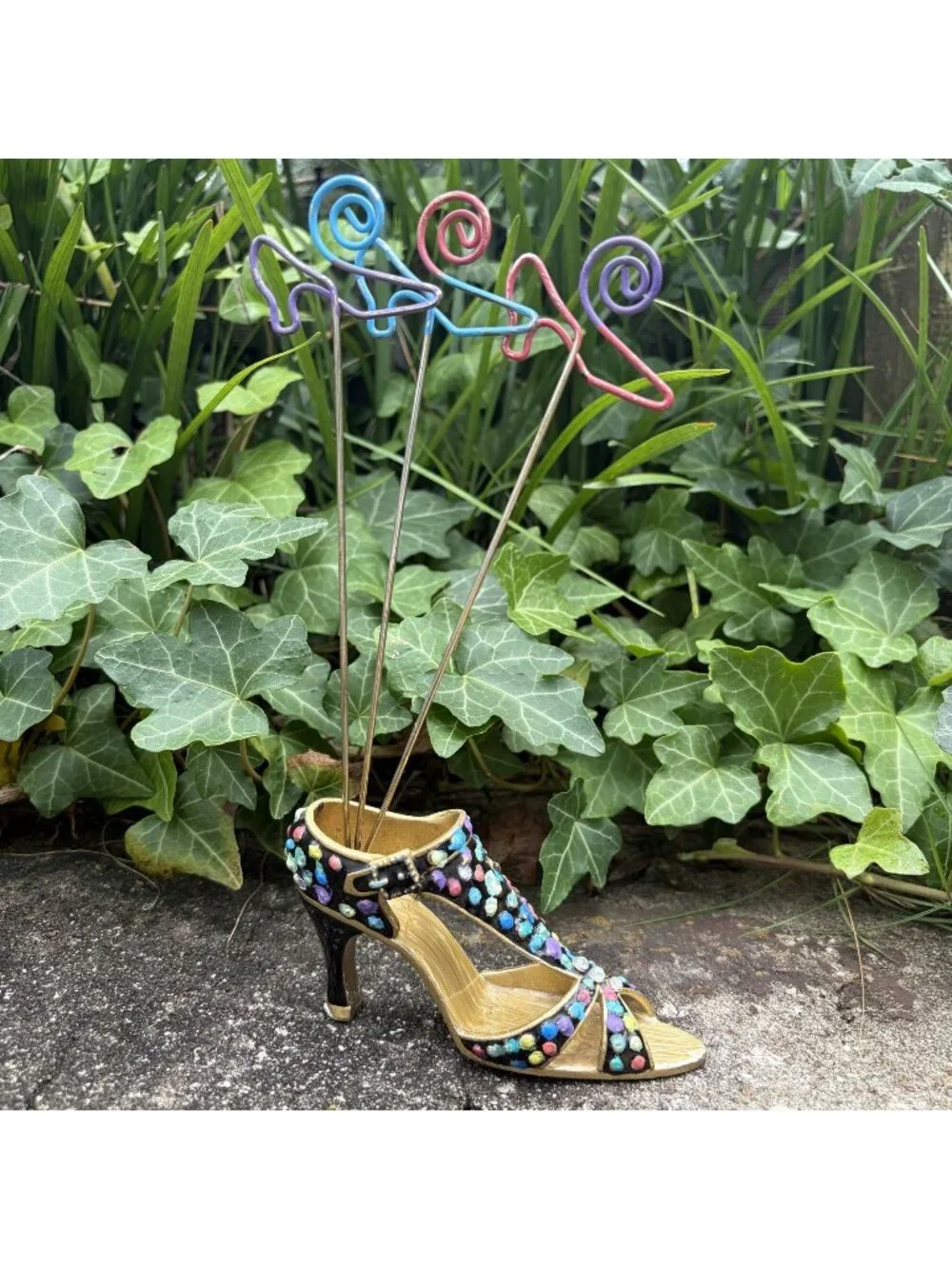 Colorful High Heel Shoe Figurine Rhinestones Spiral Wire Photo Holders 5